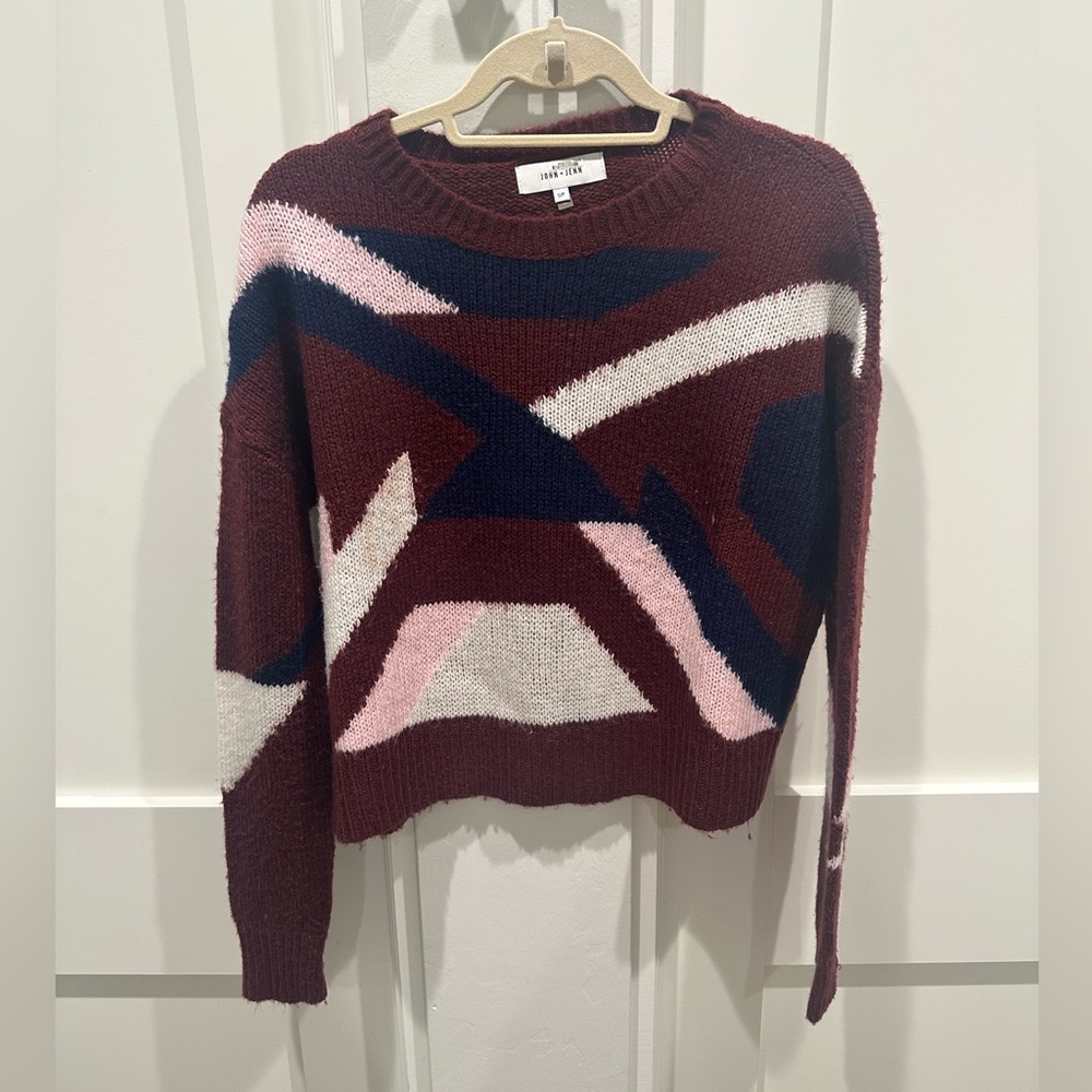 John + Jenn Burgundy Print Acrylic Sweater Size Small